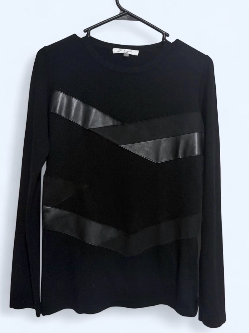 Sioni Black Sweater with Chevron Leatherette Stripes
